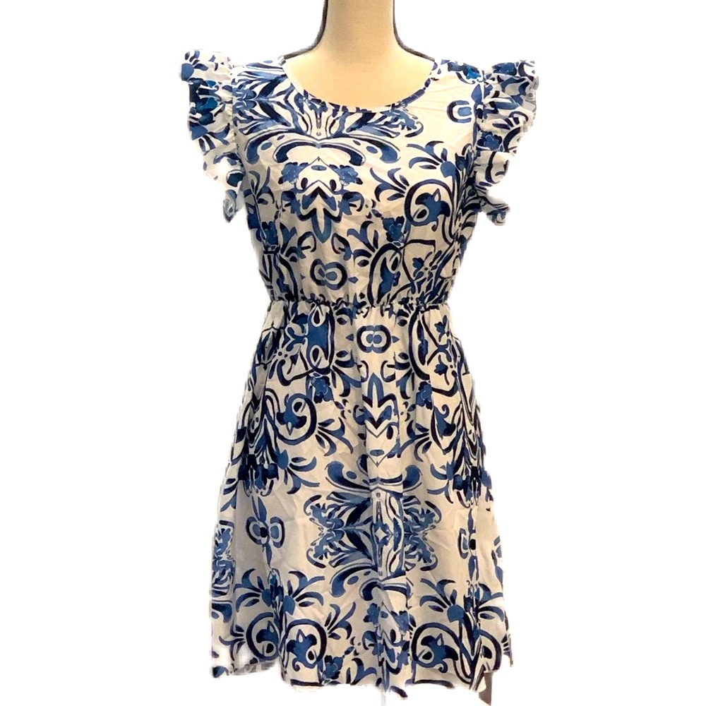 Emery Rose ~ Blue & White Ruffle Sleeve Elastic Waist Fit & Flare Dress Sz Small